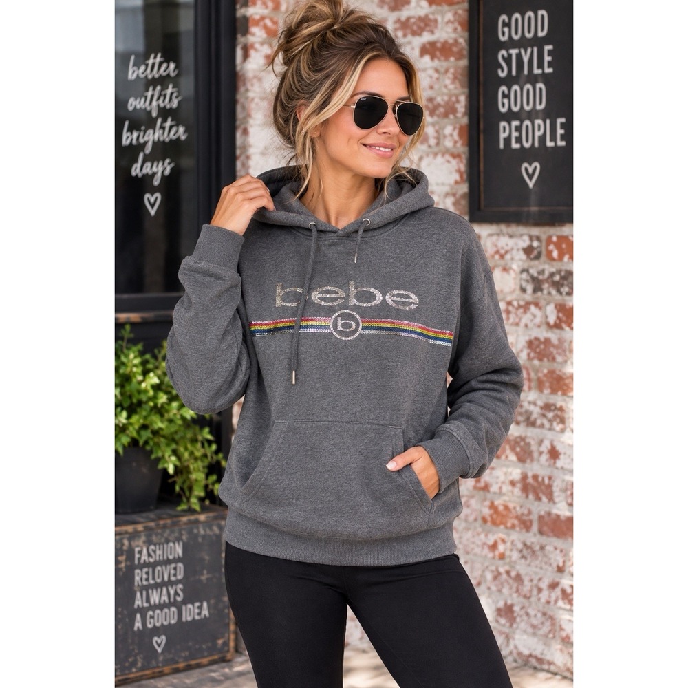 Bebe Sport Womens 2X Gray Rainbow Sequin Logo Pullover Hoodie Plus Size